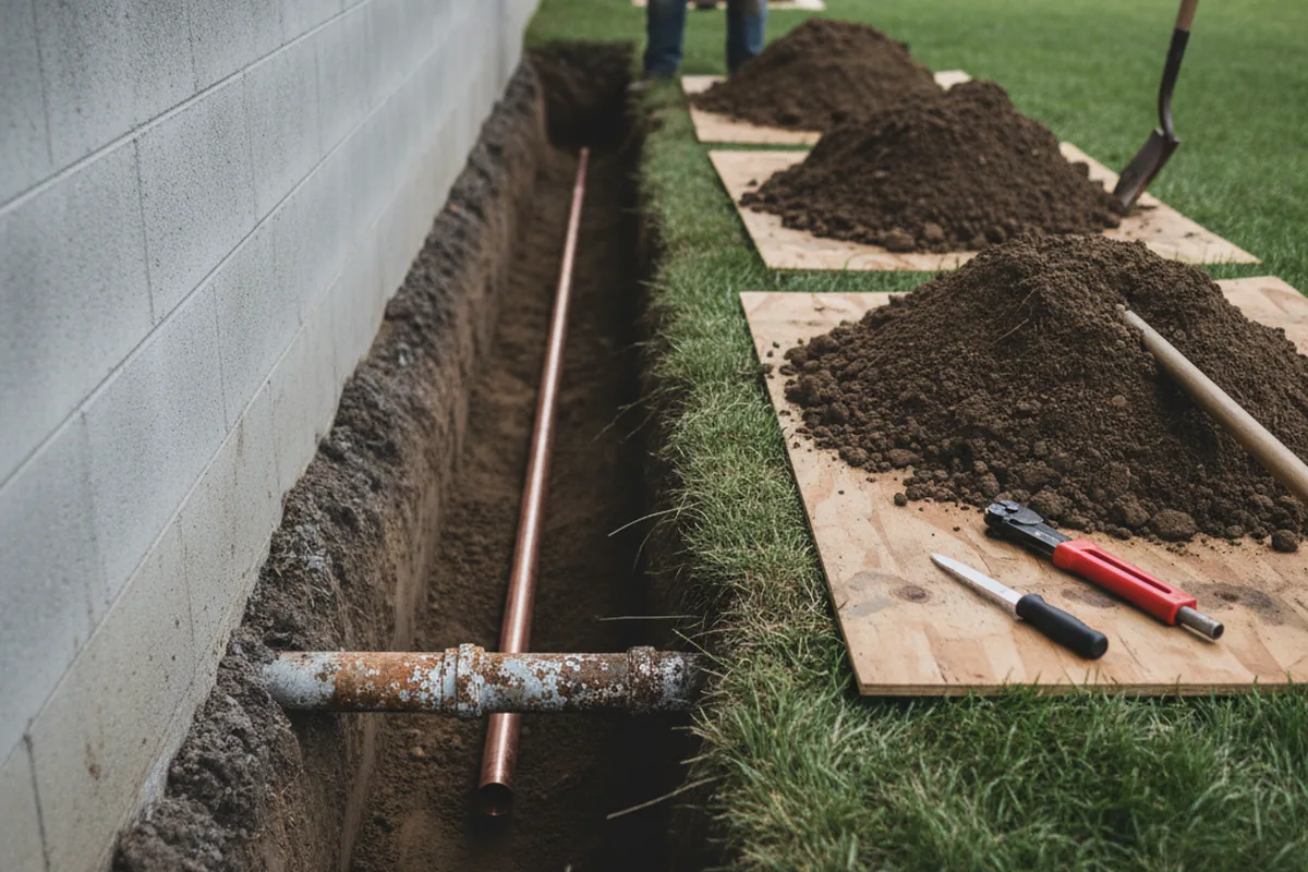 Excavated water line trench during Water Softener Installation in San Fernando